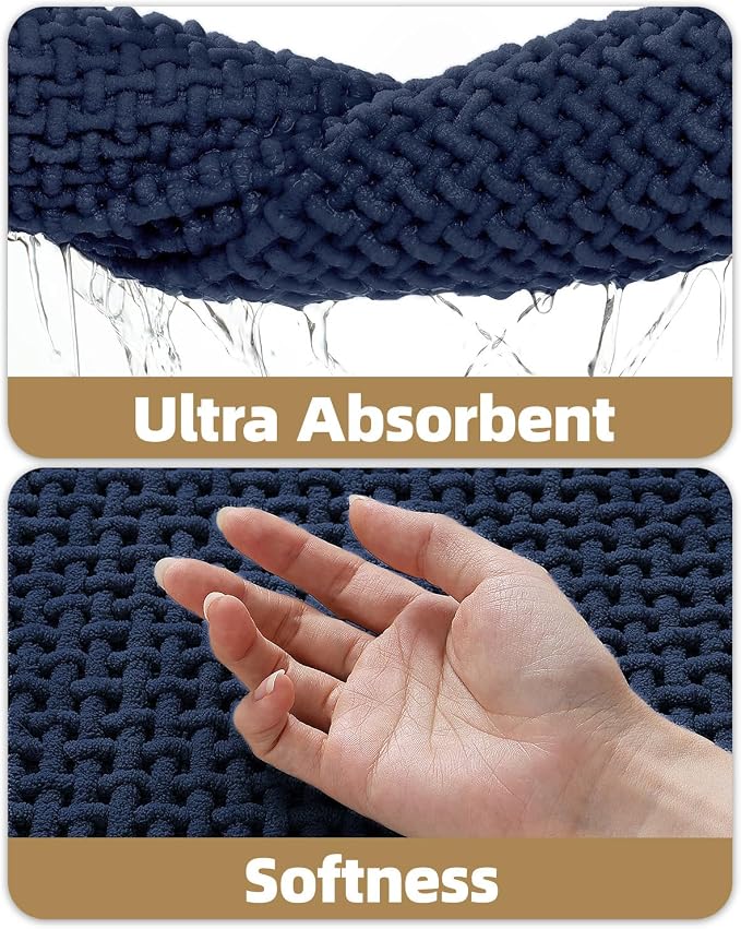 Color&Geometry Rubber Backed Waffle Bath Mat 30x17, Non Slip Water Washable Bathroom Rugs, Soft Absorbent Chenille Boho Carpet for Bathroom Floor, Tub and Shower, Dark Blue