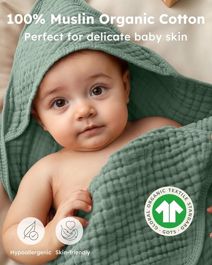 Yoofoss Hooded Baby Towels for Newborn 2 Pack 100% Muslin Organic Cotton Baby Bath Towel with Hood for Babies, Infant, Toddler and Kids,37.5"x37.5",Soft and Absorbent Newborn Essential,Grey&Dark Green