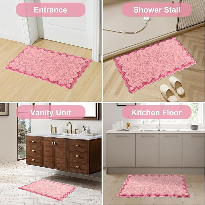 ORTIGIA Cute Pink Scalloped Bath Mat, Fun Plush Microfiber Scallop Bathroom Rugs Non Slip Washable Quick Dry Absorbent, Bathmat Bath Rug Carpet for Shower Stall Vanities Kitchen Floor Entrance, 20x32