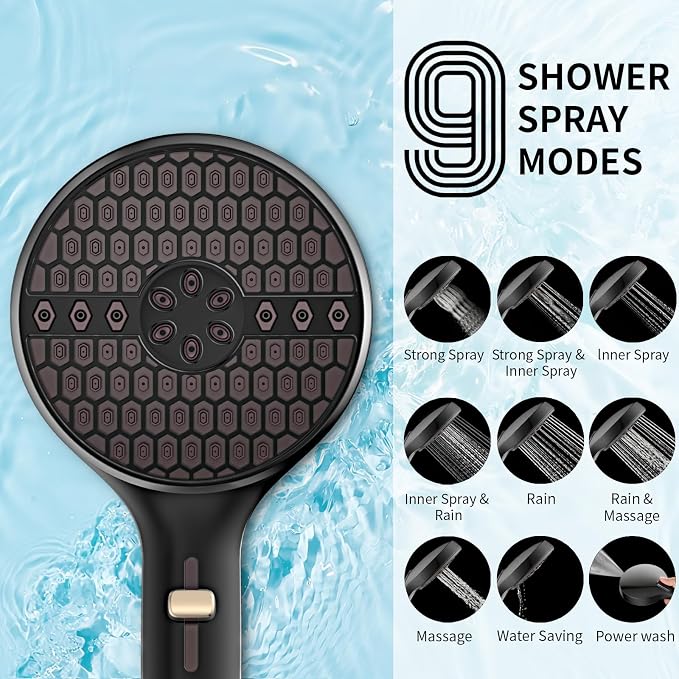 Matte Black Handheld Shower Head High Pressure with 9 Spray Settings & Power Wash Jet, 71" Extra Long Stainless Steel Hose, 360° Adjustable Dual Brackets for Low Water Pressure Home Bath