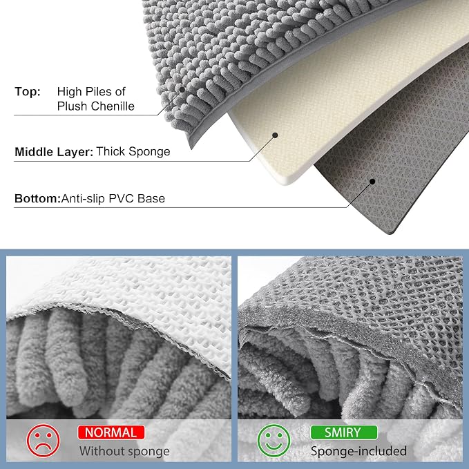 Smiry Luxury Chenille Bathroom Rugs 24x16, Extra Soft and Absorbent Shaggy Bath Mat, Machine Washable, Non-Slip Plush Carpet Runner for Tub, Shower, and Floor, Home Decor Accessories, Grey