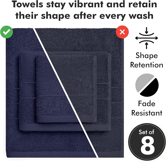 Bath Towels Set of 8 – 100% Cotton (Navy Blue) Bathroom Towel Set Bale Includes 2 Bath, 2 Hand, 4 Face Towels – Soft, Absorbent & Quick Dry Towel for Bathroom, Spa, Kitchen, Hotel Use