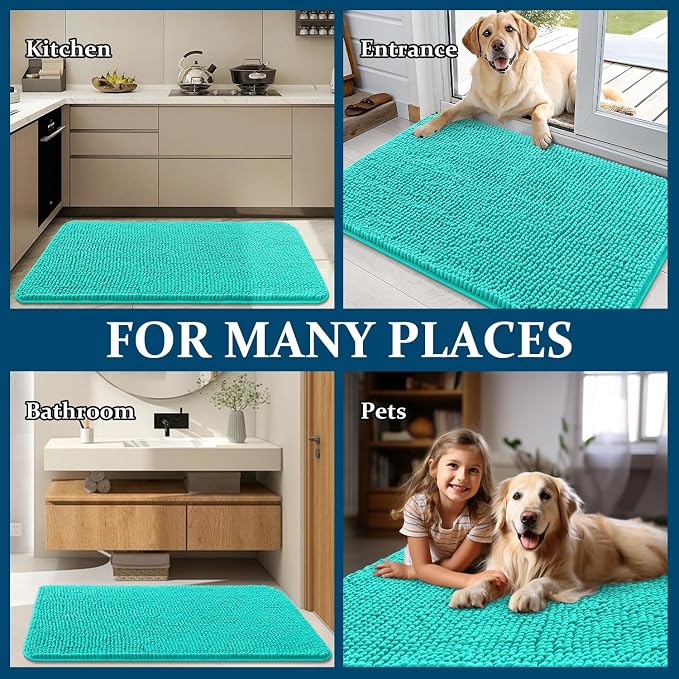 OLANLY Dog Door Mat for Muddy Paws 70x35, Absorbs Moisture and Dirt, Absorbent Non-Slip Washable Doormat, Quick Dry Chenille Mud Mat for Dogs, Entry Indoor Entryway Carpet for Inside Floor, Teal