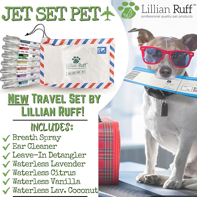 Lillian Ruff Travel Kit for Dogs | Dog Grooming Spray for Airline Travel, Camping, Beach | Deodorizing Waterless Dog Shampoo x4, Breath Freshener, Detangler Spray, Ear Cleaner
