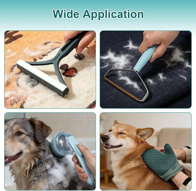 4-in-1 Pet Hair Remover Kit for Cat & Dog Fur Remover for Couch, Carpets & Clothing - Pet Hair Remover Grooming Glove & Pet Bath Scrubber with Shampoo Dispenser