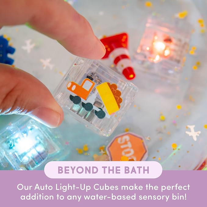Glo Pals Water-Activated Light-Up Sensory Bath Toy Cubes for Bathtime and Sensory Play, Automobiles, Vibrant Light-Up Colored Cubes for Kids and Toddlers, Pack of 6