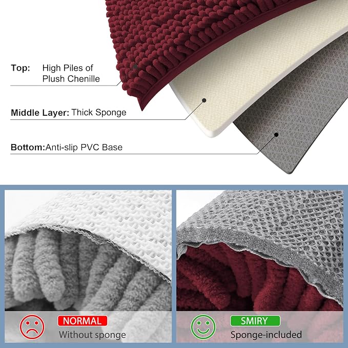 Smiry Luxury Chenille Bathroom Rugs 24x16, Extra Soft and Absorbent Shaggy Bath Mat, Machine Washable, Non-Slip Plush Carpet Runner for Tub, Shower, and Floor, Home Decor Accessories, Burgundy