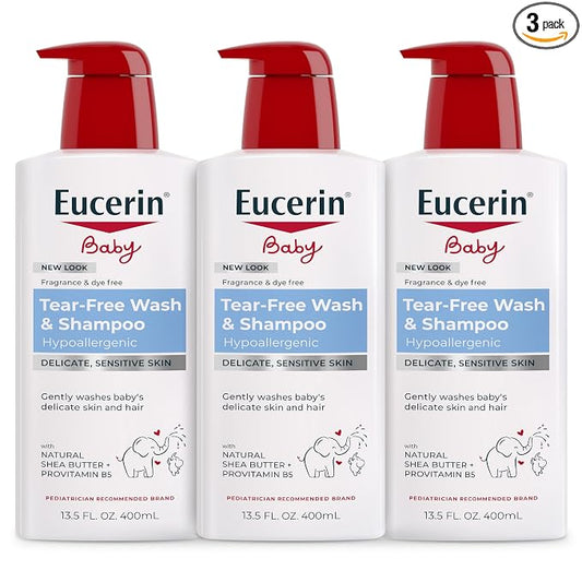 Eucerin Baby Unscented Baby Shampoo and Body Wash, Hypoallergenic, Tear Free Shampoo and Wash with Pro-Vitamin B5 and Shea Butter, 13.5 Fl Oz Bottle 3 pack