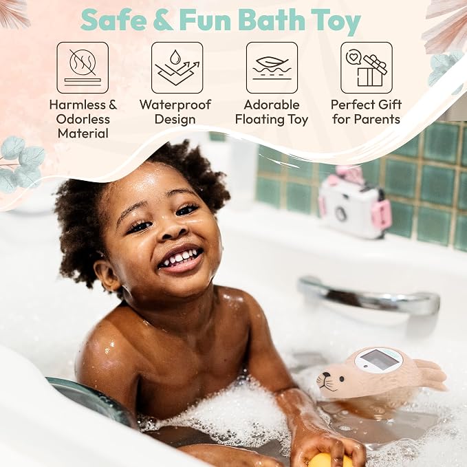 Baby Bath Thermometer | Baby Bath Toys | Adorable Seal Design | Safe Baby Thermometer for Infants | Newborn Essentials | ℉/℃ | Beige