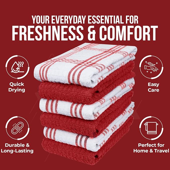 DAN RIVER Premium Red Kitchen Towels - [Pack of 12] 100% Cotton (16x 26 Inches) -Super Soft, Highly Absorbent Hand Towels, Quick Dry, Dish Towels, Tea and Bar Towels Set.