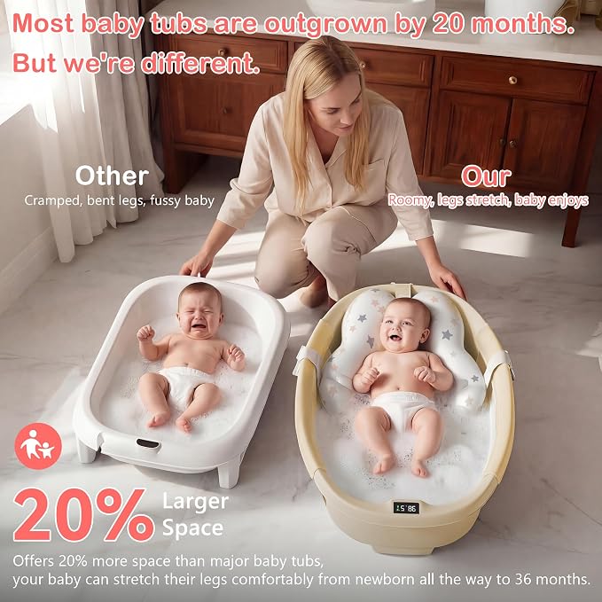 Collapsible Baby Bathtub - Large Baby Bath Tub with Thermometer | Bath Essential Bañera para Bebe Easy Fold Baby Tub | Travel Infant Newborn Toddler Bathtub for Baby Girl Boy 0 to 36 Months(Khaki)