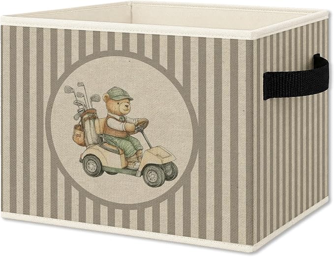 Vintage Bear Golf Nursery Foldable Storage Bins Box with Handles, Neutral Striped Bear Golf Cart Sports Collapsible Organizer Basket for Boys Kids Bedroom Bathroom Playroom Clothes Books