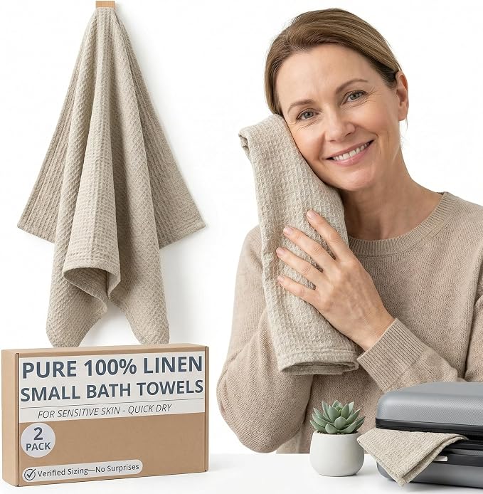 Pure Linen Small Bath Towels - Set of 2 pcs 20x40-inch Quick Dry Towels for Sensitive Skin - Thin Towels for Bathroom - Lightweight Waffle Weave Towel for Kids