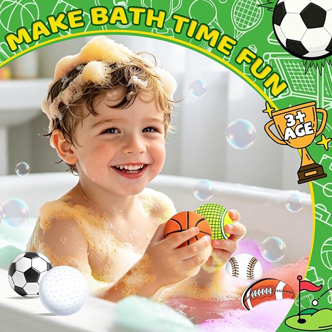 Bath Bombs for Kids, STEM 6-Pack Organic Handmade Bath Bomb Sports Themed, Basketball, Football, Rugby, Golf, Tennis Shapes, Mild Skin-Friendly SPA Toy, Nice Daily Reward and Holiday Gifts