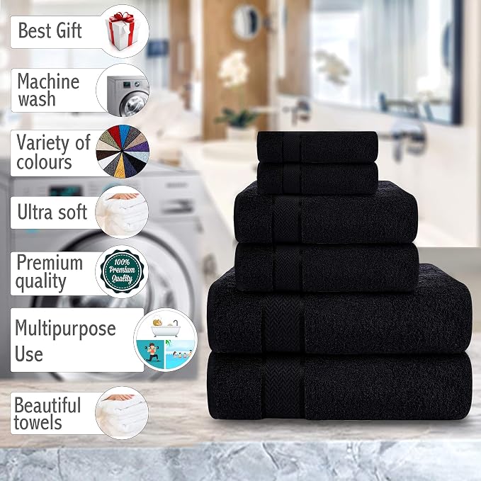 Bath Towels Set-100% Cotton-2 Bath Towels, 2 Hand Towels & 2 Washcloths-Large, Quick Dry, Absorbent, Soft & Plush, Gym, Spa, Hotel, Pool, Shower Towels -6 Piece Luxury Bathroom Towels
