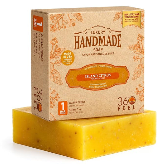 360Feel Island Citrus Soap - Made in the USA - Castile Handmade, All-Natural, Cold-Processed - Infused with Island Citrus for a Tropical Scent - Rich, Creamy Lather - 5 oz