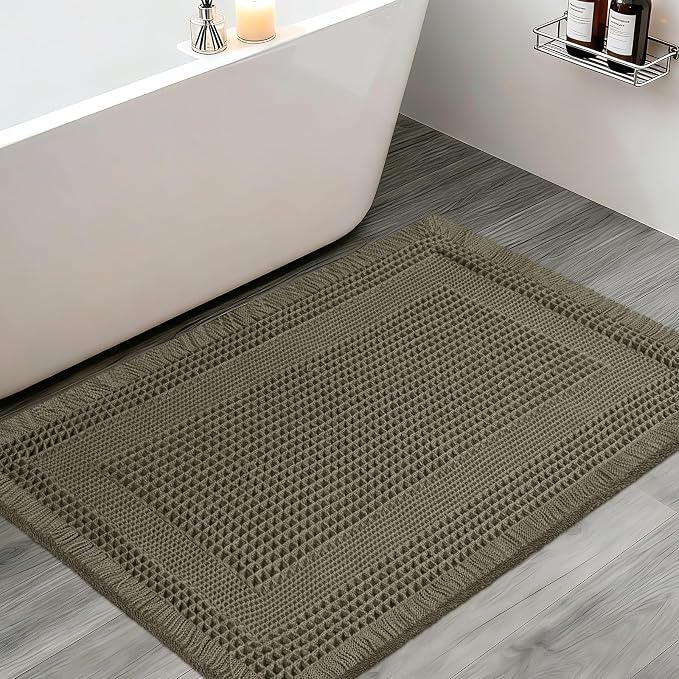 Upgraded Waffle Bath Mat, 32"x20" Greyish Green-Looped, Super Absorbent Non-Slip Quick Dry Bathroom Rugs with Tassels, Machine Washable Ultra Soft Boho Bath Rugs, Toilet Mats Boho Farmhouse Decor