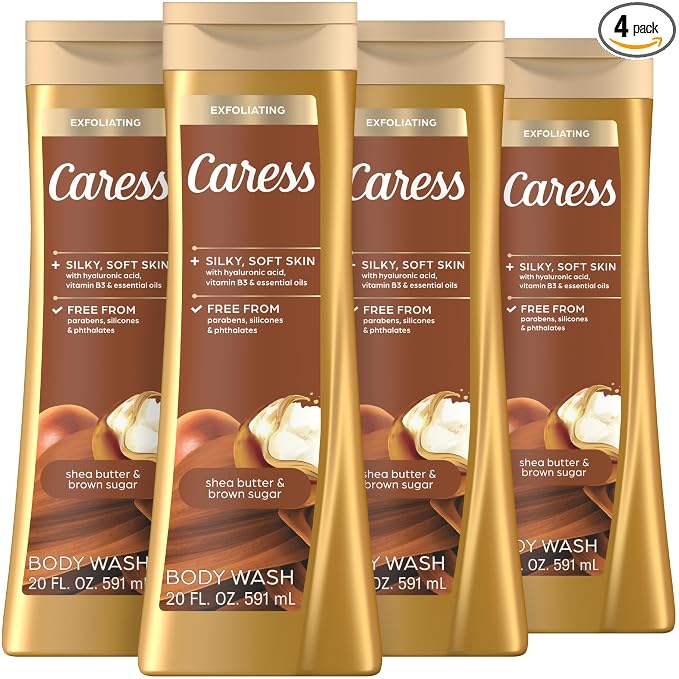 Caress Body Wash for Women, Shea Butter & Brown Sugar, Hydrating and Exfoliating Shower Gel for Gorgeous Radiant Skin, 20 fl oz, 4 Pack