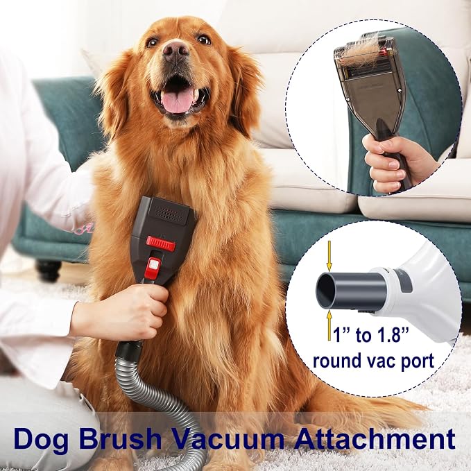 Portek Dog Grooming Vacuum Attachment for 1" to 1 3/4" Vacuum Cleaners, Pet Hair Shedding Brush Tool Kit with Long Extension Hose and Adapter
