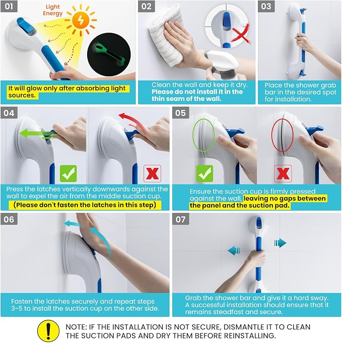 TAILI Shower Grab Bar Glow in The Dark, 16.8 in Grab Bars for Bathtubs, Shower Handles Bath Rails for Seniors and Elderly, Bathroom Safety Grip Removable No Drilling Waterproof Blue,G9