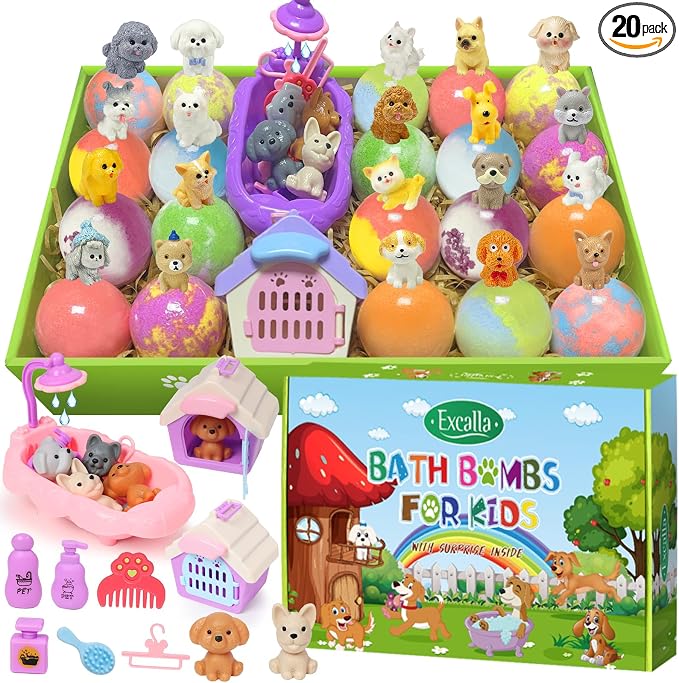 Bath Bombs for Kids with Surprise Toys Inside, 20 Pack Kids Bath Bombs with Puppy Dolls & Dog Pretend Playset Bath Toys, Child-Safe Bubble Bath Fizzies, Birthday Christmas Gift Set