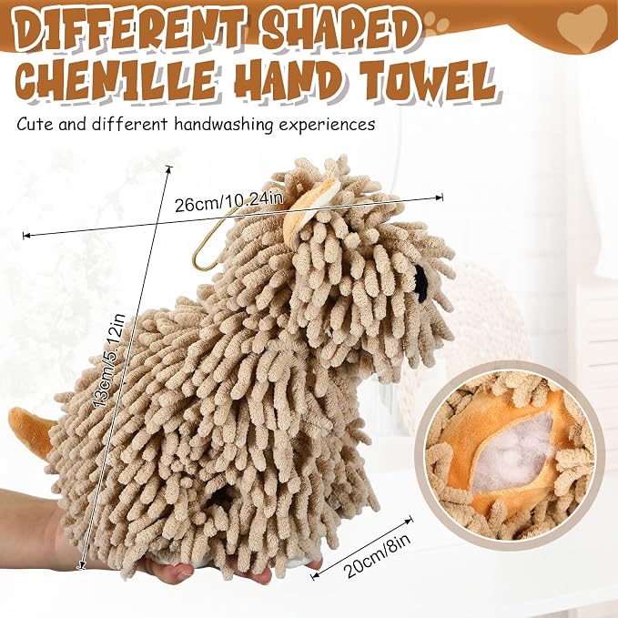 Tegeme 1 Pcs Chenille Dog Hand Towel Fuzzy Towel Absorbent Microfiber Soft for Bathroom Kitchen Washstand (Khaki,Siting Dog)