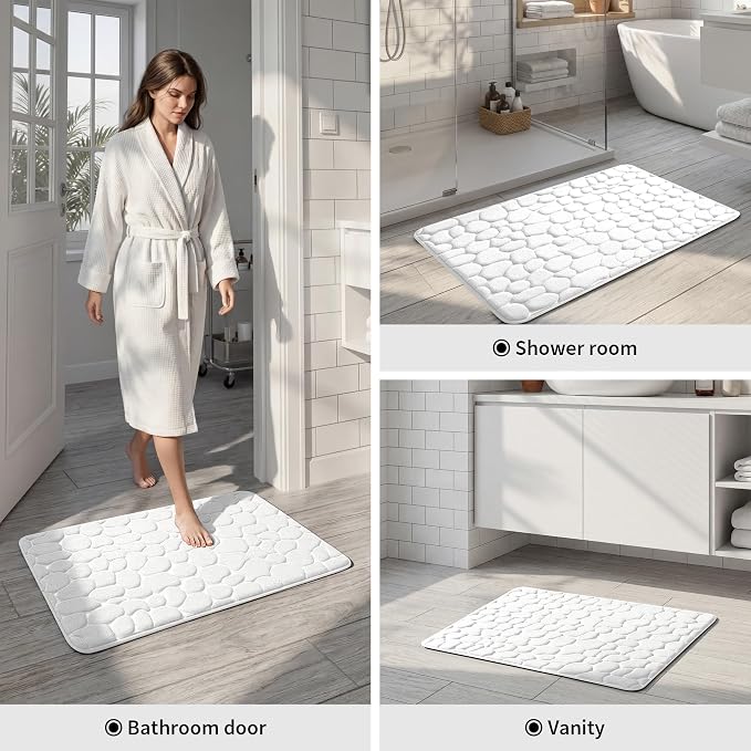 YIHOUSE Memory Foam Runner Rug, Cobblestone Bathroom Runner Rugs Super Water Absorbent Bath Mats for Bathroom Machine Washable Bath Rugs for Hallway Bedroom Laundry Room(20 x 47,White)