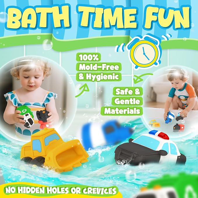 Zippytots 6 PCS Vehicle Floating Bath Toys Mold Free Infant Bath Tub Toys for 12 Months - No Hole Bathtub Toys for Toddlers 1-3 Water Pool Toys for Baby Toddler Ages 1+