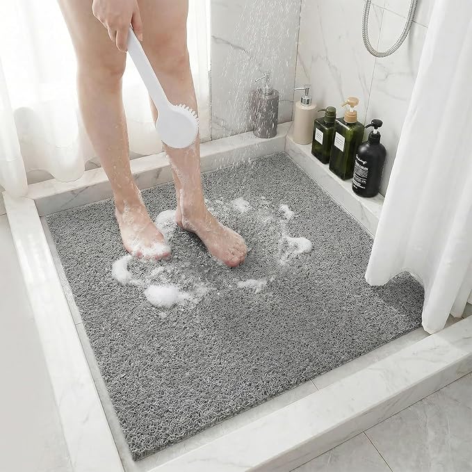 Square Shower Mat Non Slip, 27 x 27 Inch Grey Shower Floor Mat Without Suction Cups, Quick Drying Foot Scrubber PVC Loofah Bath Mats for Bathroom, Tub, Wet Area