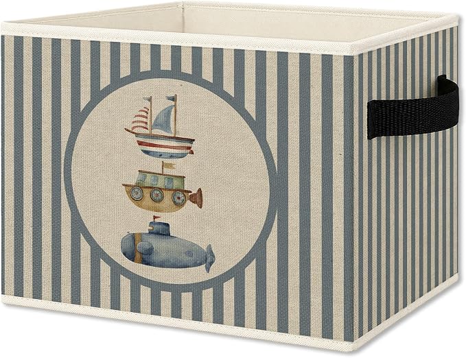 Ocean Nautical Nursery Foldable Storage Bins Box with Handles, Blue Striped Nautical Boat Collapsible Organizer Basket for Boys Kids Bedroom Bathroom Playroom Clothes Books