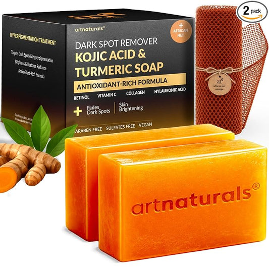 artnaturals Kojic Acid, Turmeric Dark Spot Remover Soap Bars with Vitamin C, Retinol, Collagen & Shea Butter - Original Japanese Complex Infused with Hyaluronic Acid - Includes African Net Sponge, 2 Pack