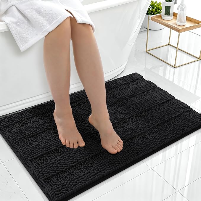 Smiry Thick Chenille Bathroom Rugs 36x24, Extra Soft Absorbent Striped Bath Mat, Machine Washable, Rubber Backing, Bath Rugs for Tub & Shower, Modern Home Decor Accessories, Black