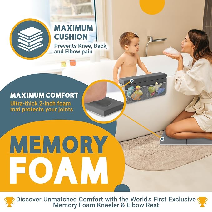 Bath Kneeler & Elbow Rest Pad Set, 2-Inch Thick,Memory Foam,Water-Resistant | Baby Bath Time Essentials Cushion and Bath Kneeling Pad for Bathing Baby With Bathtub Toy Organizer (Dark Gray)