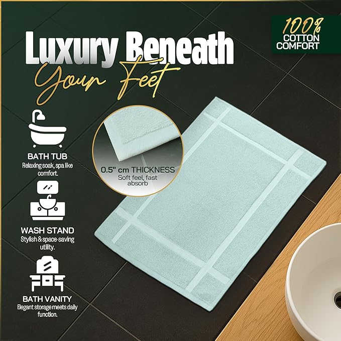 Pearl Linens Pack of 2 100% Cotton Bath Mat 18x25 inches, Soft & Absorbent Quick Dry Bathroom Mat Set, Not Bathroom Rugs, After Shower Mat, Bath Tub Mat, 781 GSM, Machine Washable, Mint Green