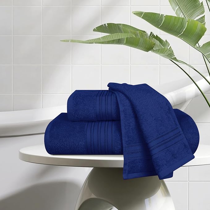 BOUTIQUO Ultra Soft 3 Pack Cotton Towel Set, Contains a Bath Towels 28x55 inch, a Hand Towels 16x24 inch & a Wash Coths 12x12 inch, Ideal Everyday use, Compact & Lightweight - Navy Blue