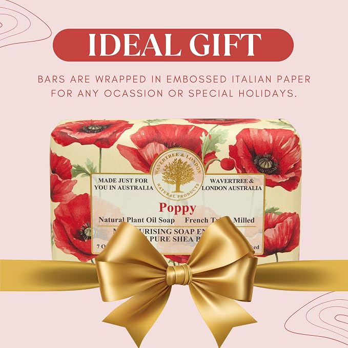 Wavertree & London Poppy Scented Natural Soap Bar, 7oz Moisturizing French Triple Milled Soap Bar for Women & Men Enriched with Organic Shea Butter, Pure Bath & Body Soap (1 Bar)