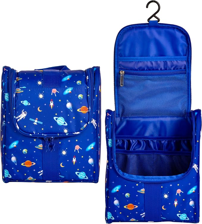 Remobia Hicol Cute Cartoon Hanging Kids Toiletry Bag Children Travel Cosmetic Makeup Organizer Wash Bag Shower bag Over Night Bag Camping Shaving Kit Bag for Boys & Girls (Astronaut)