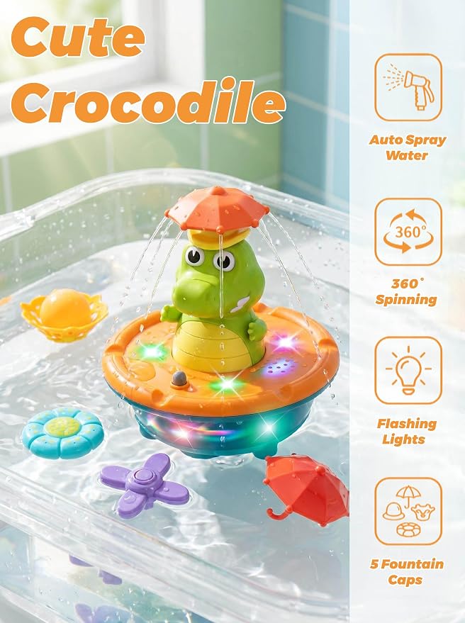Bath Toys for Toddlers - Light Up Crocodile Fountain with 5 Spray Modes, ABS Plastic Bath Toy for Bathroom & Swimming Pool