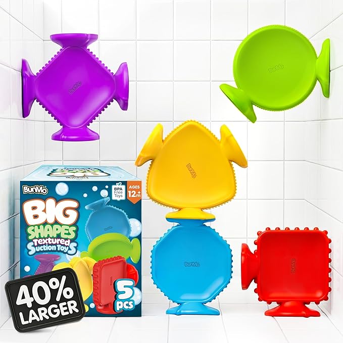 Bunmo Toddler Bath Toys - Best Montessori Toys for Kids Ages 1 2 3 4 Year Old Boys & Girls Gifts, Best Sensory Toy for Babies 12 Months +, No Hole Bath Toy for Kids Ages 1-3 & 2-4 (Big Shapes 5 Pack)