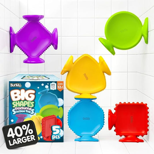 Bunmo Toddler Bath Toys - Best Montessori Toys for Kids Ages 1 2 3 4 Year Old Boys & Girls Gifts, Best Sensory Toy for Babies 12 Months +, No Hole Bath Toy for Kids Ages 1-3 & 2-4 (Big Shapes 5 Pack)