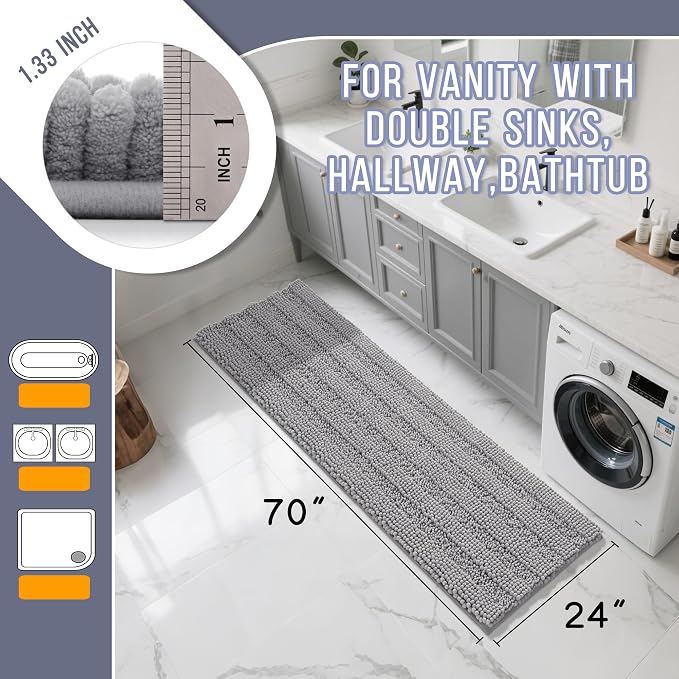 Yimobra Bathroom Runner Rug, 70 x 24, Long Bathroom Rugs Large Bath Mat, Soft Super Absorbent and Thick, Non-Slip, Machine Washable, Carpets for Home, Nursery, Bed and Living Room, Gray