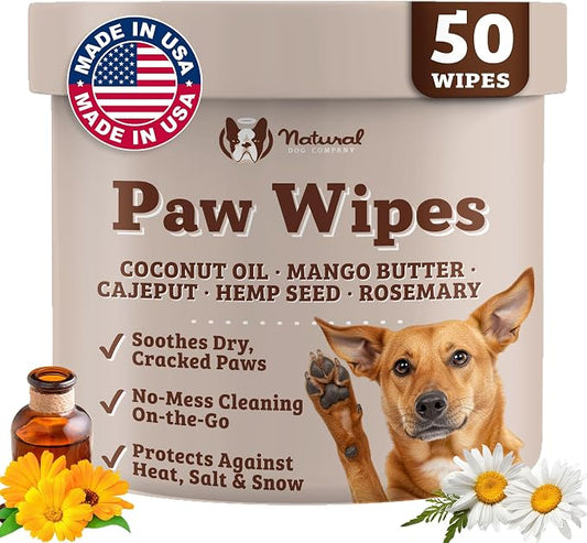Natural Dog Company Natural Dog Paw Wipes - 50 Ct - Organic, Vegan Pet Paw Wipes for Dogs, Eco-Friendly, Ideal for Removing Dirt, Allergens & Moisturizes Dry Cracked Paws, Coconut Oil & Cocoa Butter