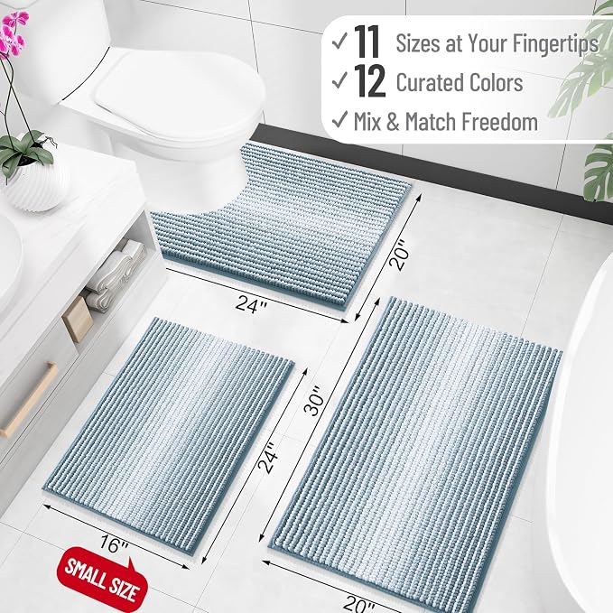 OLANLY Bathroom Runner Rugs 70x24, Extra Soft Absorbent Chenille Striped Bath Rugs, Rubber Backing, Machine Wash Dry, Long Bath Mats for Bathroom, Tub, Shower, Home Decor Accessories, Airy Blue