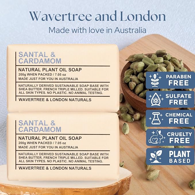 Wavertree & London Santal & Cardamon Scented Natural Soap Bars (2 Bars), 7oz Moisturizing French Triple Milled Soap enriched with shea butter - Plant Oil Bath & Body Soap Bars [100% Naturally derived]