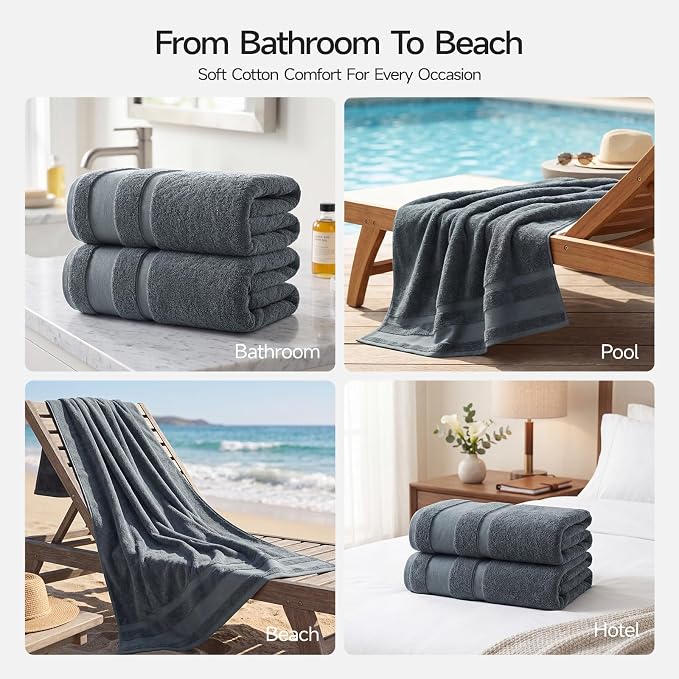 REDKISS 2 Pack Bath Towels Set, 35 X 70 Inches Oversized Bath Sheets, Gray | 100% Cotton, Ultra Soft, Super Absorbent, Quick Dry Large Bathroom Towels for Bathroom, Gym, Spa, Pool, Hotel & Family Use