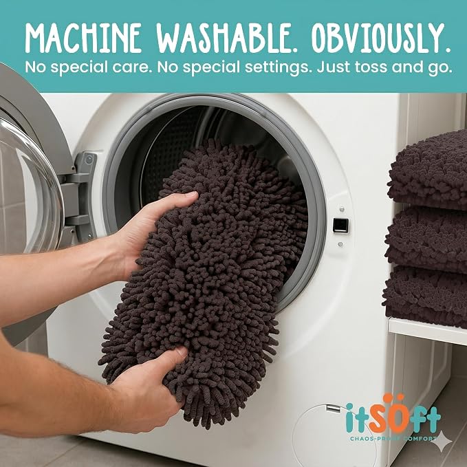 Large Chenille Bath Mats 47x21, Plush Absorbent Quick Dry, Soft & Machine Washable, Non Slip Carpet for Bathroom, Thick Bathroom Rugs, Shower Restroom Rug Mat, Bathrugs, Dark Brown