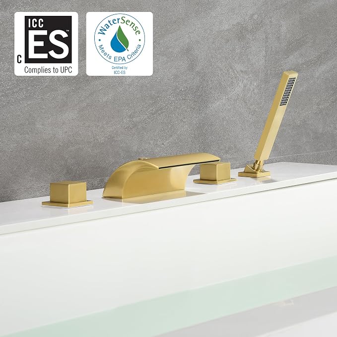 sumerain Waterfall Roman Tub Faucet with Hand Shower Brushed Gold Finish High Flow