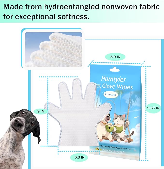 Homtyler Dog Wipes & Cleaning Gloves 2-in-1 for Dogs and Cats, Extra-Thick Pet Wipes with Coconut Oil for Lick-Safe Paws, Eyes, Ears & Body, Rinse-Free Waterless Bath for Deodorizing&Cleansing, 18 PCS