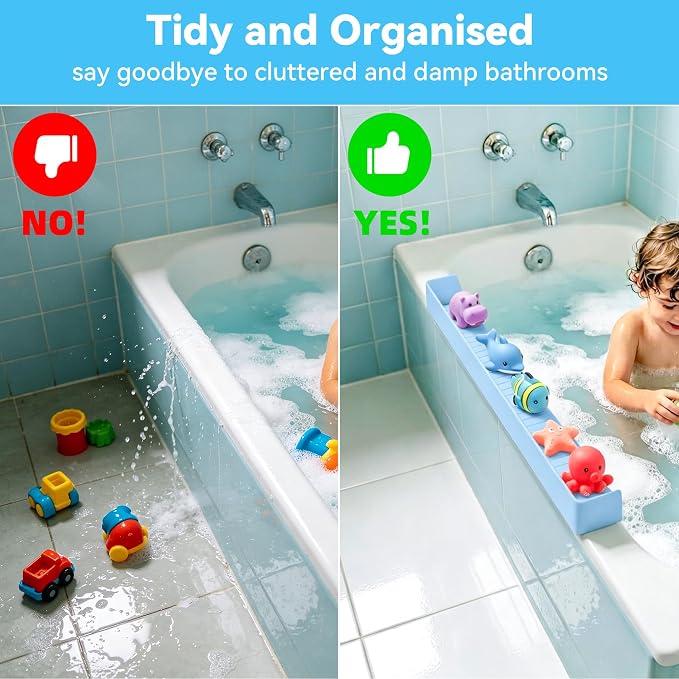Bathtub Splash Guard with Suction Cups, Silicone Bath Tub Side Tray, Toy Holder Shelf for Bathroom Storage and Water Spill Prevention (Blue)