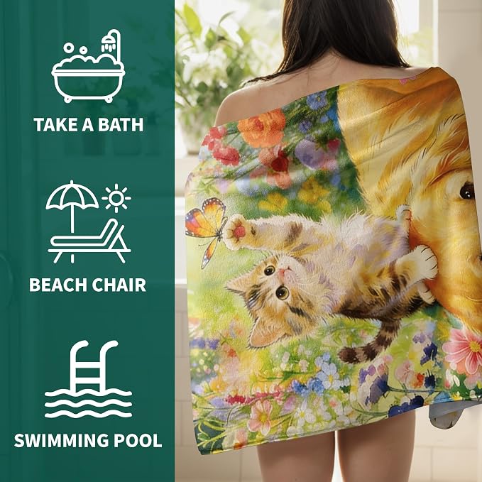 Cute Animals Printed Bath Towels Large Soft Absorbent Fleece Bathroom Towels with Dog Design